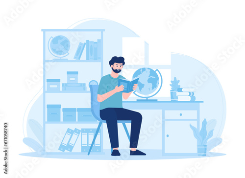 A man is reading a book concept flat illustration