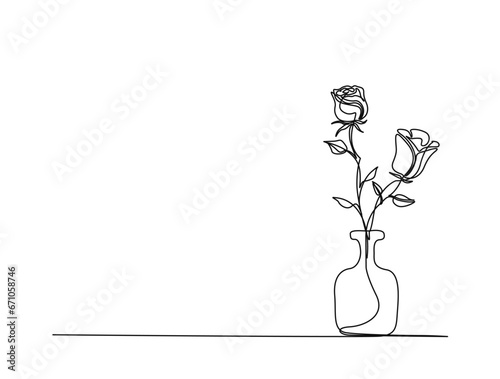 Continuous one line drawing of rose flower in vase. Rose flower in vintage vase outline vector illustration.