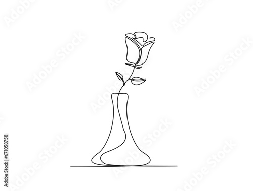Continuous one line drawing of rose flower in vase. Rose flower in vintage vase outline vector illustration.