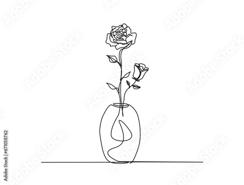 Continuous one line drawing of rose flower in vase. Rose flower in vintage vase outline vector illustration.