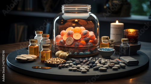 still life with jar of fluufy marshmellow with beans inisde