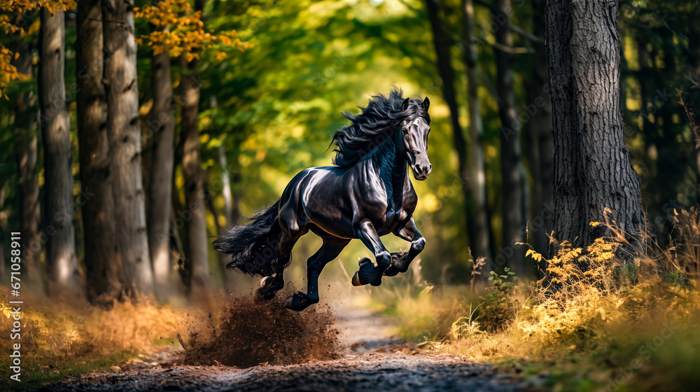 Black stallion gallops in the autumn forest. Horizontal photo.
Beautiful black horse. - obrazy, fototapety, plakaty 