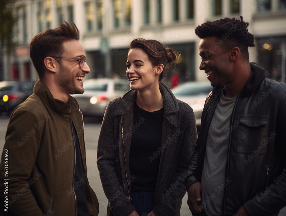three friends talking in the city, happy, laughing three friends talking in the city, happy, laughing