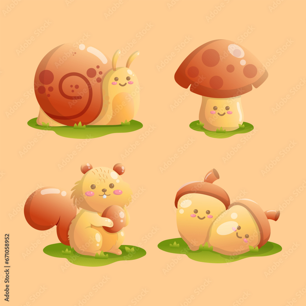 vector flat autumn celebration with cute mushroom snail squirel walnut elements collection