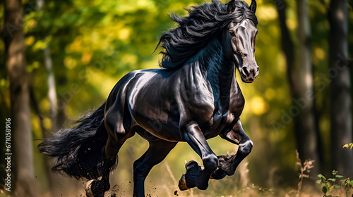 Black stallion gallops in the autumn forest. Horizontal photo. Beautiful black horse.