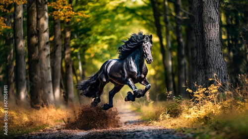Black stallion gallops in the autumn forest. Horizontal photo. Beautiful black horse.