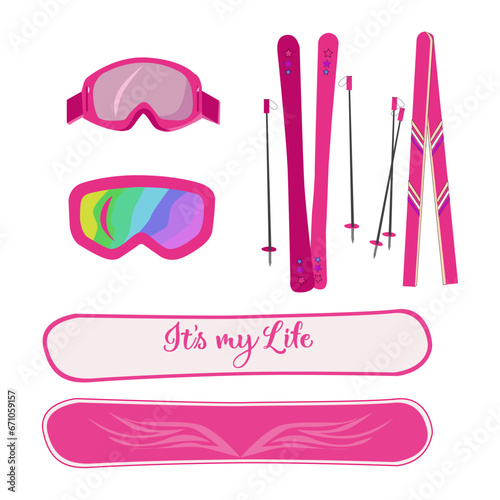 sports, snowboarding, glasses, skiing. snowy slope, fast descent. pink snowboard, pink skis, pink glasses. can be used for postcards, posters and posters
