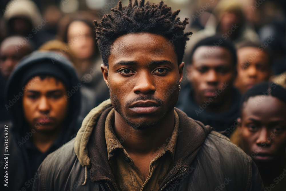 Emotionless black man with sad gaze looking in a camera and standing in group of people - obrazy, fototapety, plakaty 