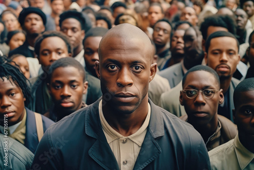 Emotionless serious black man with sad gaze looking in a camera and standing in group of people photo