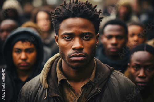 Emotionless black man with sad gaze looking in a camera and standing in group of people
