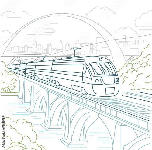 Travel by train. Editable illustration in a thin line style.