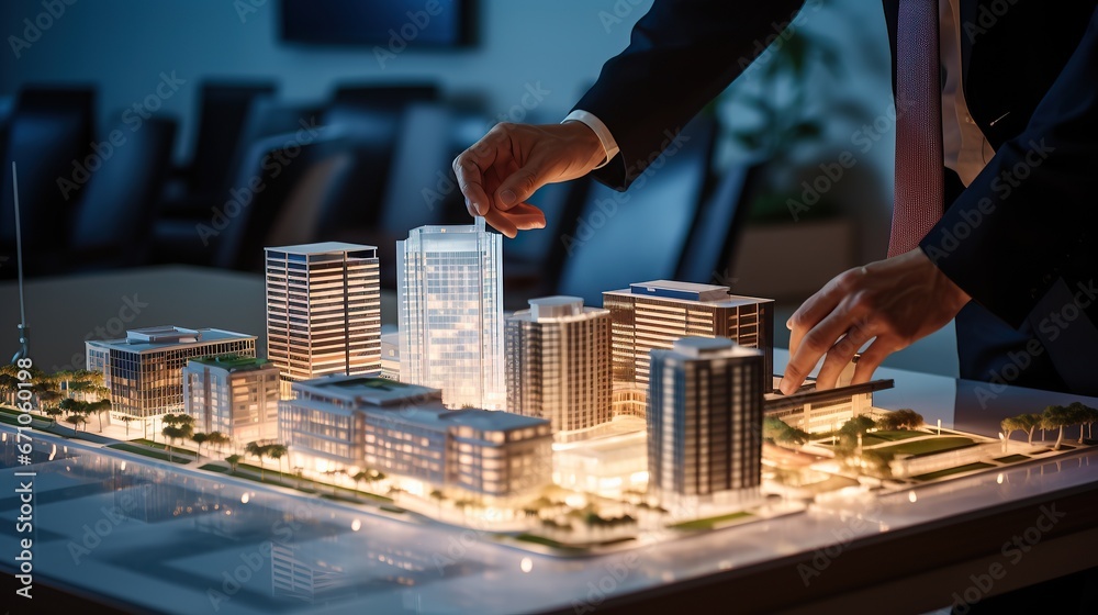 Businessman or architect showing new business office complex model on table. Real estate development concept. Businessman or architect showing new business office complex model on table. Real estate development concept.