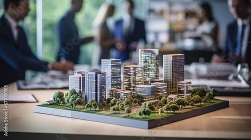 Businessman or architect showing new business office complex model on table. Real estate development concept.