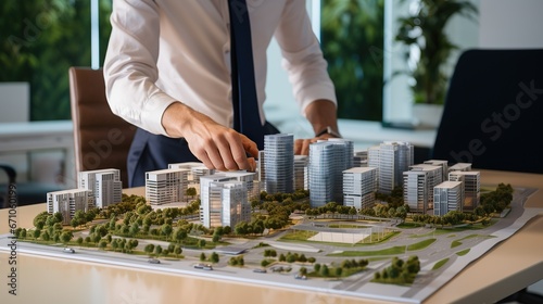 Businessman or architect showing new business office complex model on table. Real estate development concept.