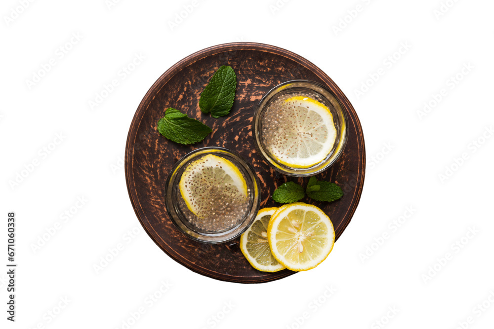 Φωτογραφία Healthy breakfast or morning with chia seeds lemon and mint on table background, vegetarian food, diet and health concept