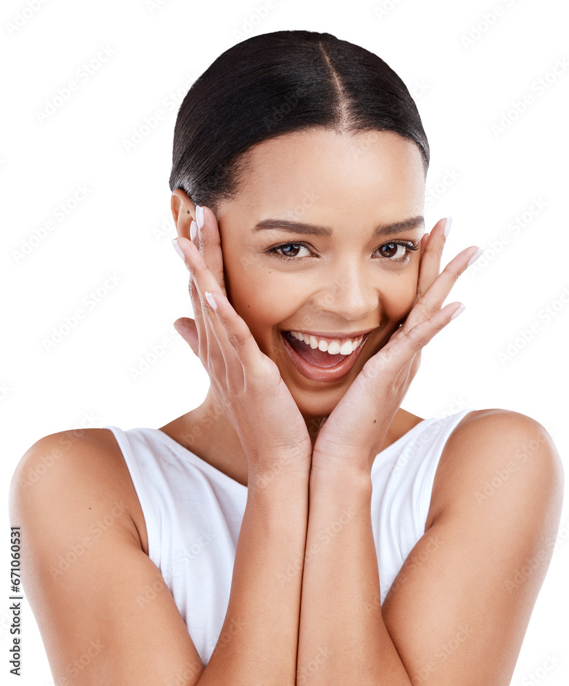 Happy news, portrait and woman surprise with notification, announcement and react to information, gossip or alert. Excited winner, wow and shocked person face isolated on transparent, png background Happy news, portrait and woman surprise with notification, announcement and react to information, gossip or alert. Excited winner, wow and shocked person face isolated on transparent, png background