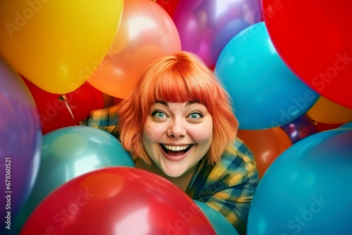 Portrait of a satisfied excited plump woman among colorful helium balloons enjoying happy moment life