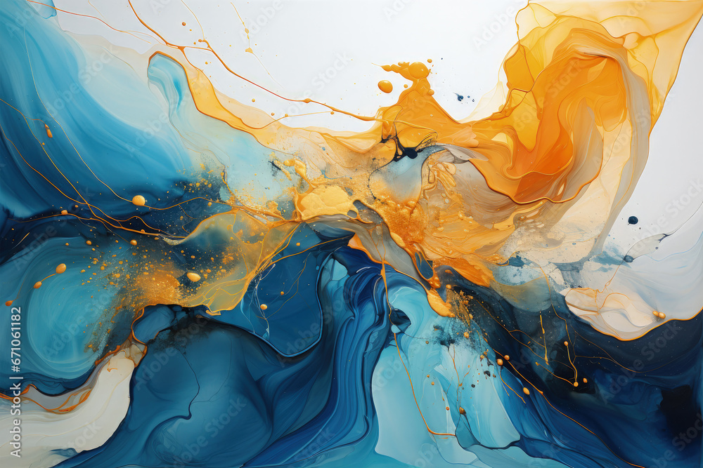 Abstract fall blue, teal, yellow, brown, golden earth tones backdrop, Generative Ai