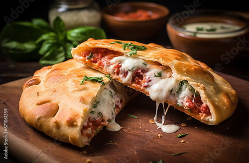 Calzone sliced in half, filled with tomato sauce, mozzarella cheese, and various toppings