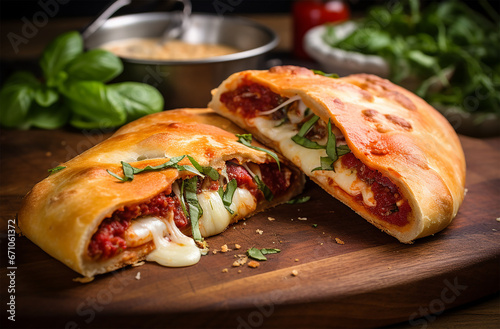 Calzone sliced in half, filled with tomato sauce, mozzarella cheese, and various toppings