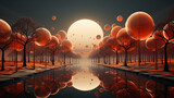 Amidst a vivid sky, a serene waterway winds through lush trees, their reflections dancing with vibrant orange spheres in an enchanting outdoor oasis