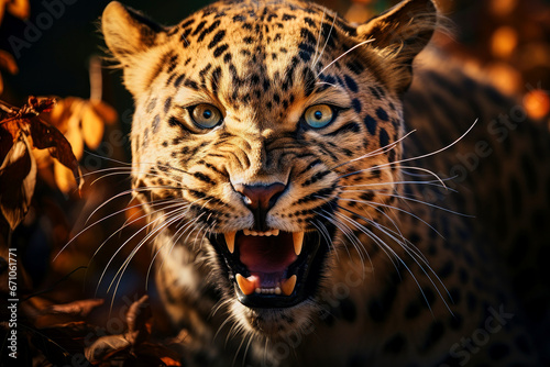 Portrait of a beautiful roaring leopard, wild animal look © Goffkein