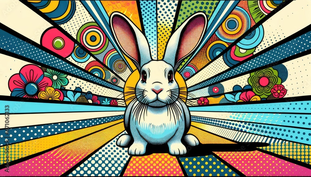Whimsical Bunny: Vibrant Pop Art Style Rabbit with Colorful Floral and Geometric Patterns Whimsical Bunny: Vibrant Pop Art Style Rabbit with Colorful Floral and Geometric Patterns