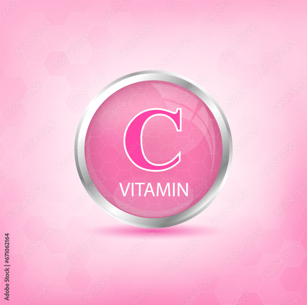 Vitamin C icon structure pink substance. Personal care, beauty concept. Medicine health symbol of thiamine. Drug business concept. Vector Illustration. 3D Vitamin complex with chemical formula.	