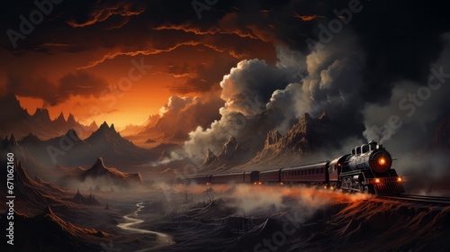 As the train billowed steam into the cloud-streaked sky, it chugged through the rugged desert terrain, passing by majestic mountains and a distant active volcano photo