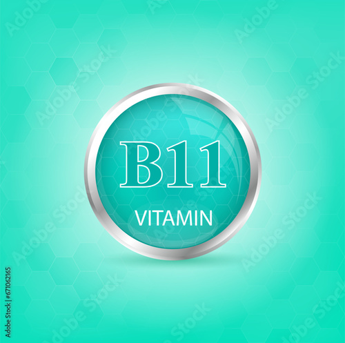 Vitamin B11 icon structure light green substance. Personal care, beauty concept. Medicine health symbol of thiamine. Drug business concept. Vector Illustration 3D Vitamin complex with chemical formula