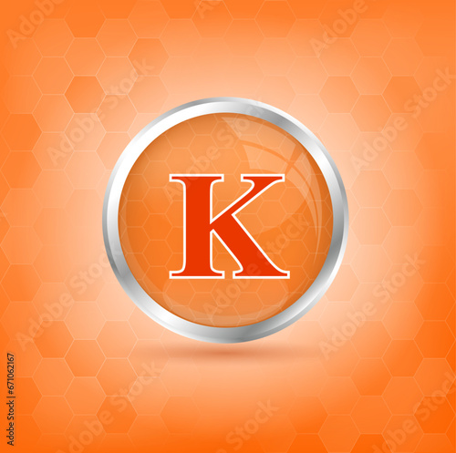 Vitamin K icon structure orange substance. Personal care, beauty concept. Medicine health symbol of thiamine. Drug business concept. 3D Vitamin complex with chemical formula. Vector Illustration.	