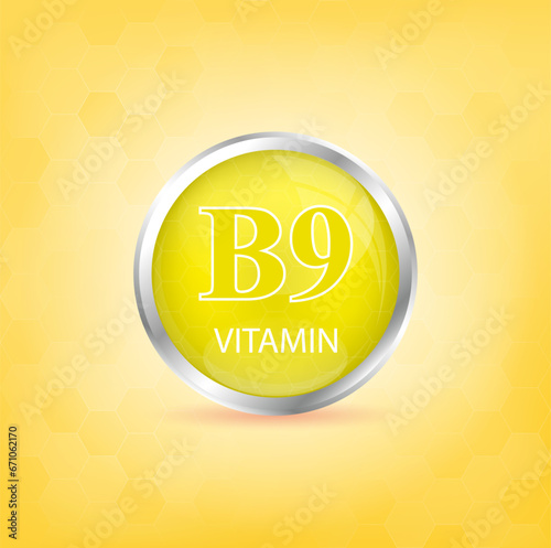Vitamin B9 icon structure yellow substance. Personal care, beauty concept. Medicine health symbol of thiamine. Drug business concept. 3D Vector Illustration. Vitamin complex with chemical formula.	