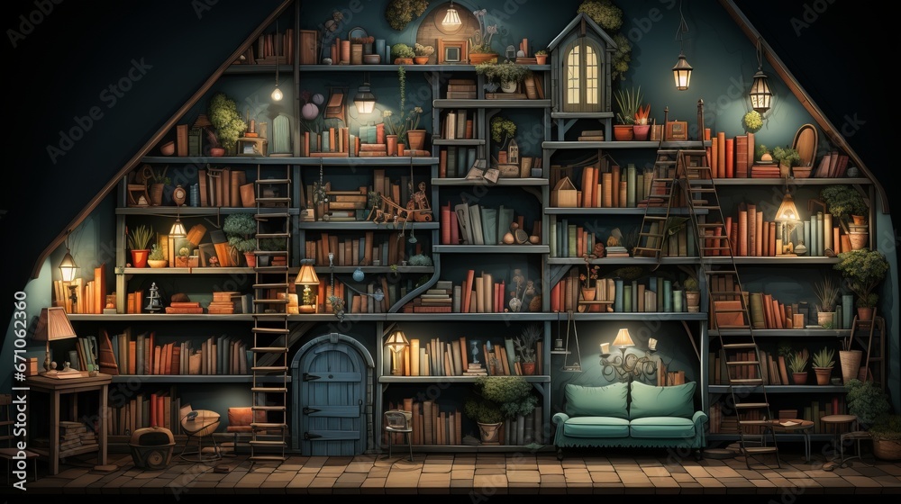 In the dimly lit room, a cozy couch sits against a book-lined wall, inviting readers to lose themselves in the building's stories while the outdoor world fades away into the night