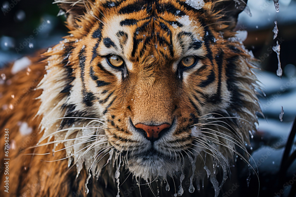 Obraz premium Portrait of a majestic beautiful tiger in winter, wild animal look