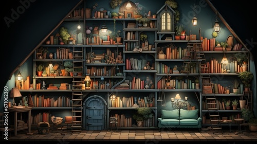 In the dimly lit room, a cozy couch sits against a book-lined wall, inviting readers to lose themselves in the building's stories while the outdoor world fades away into the night