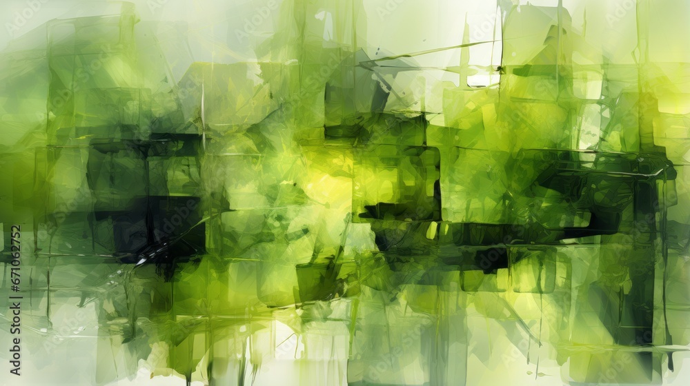 Vibrant brushstrokes dance in a mesmerizing maze of greens and whites, evoking a sense of abstract introspection through reflective layers of paint