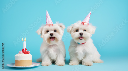 Two cute happy puppy dogs with a birthday cake celebrating at a birthday party on solid light blue background