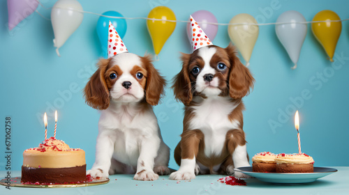 Two cute happy puppy dogs with a birthday cake celebrating at a birthday party on solid light blue background © Karol