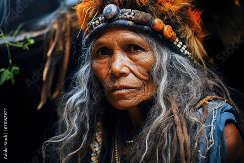 Portrait of native mature shaman gray-haired wrinkled woman wearing traditional headscarf looking at camera with serious gaze close up