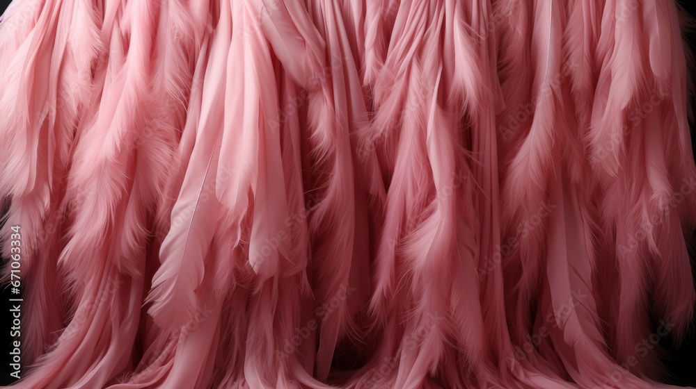 A vibrant display of feminine fashion, with soft pink feathers adorning a fiery red mane