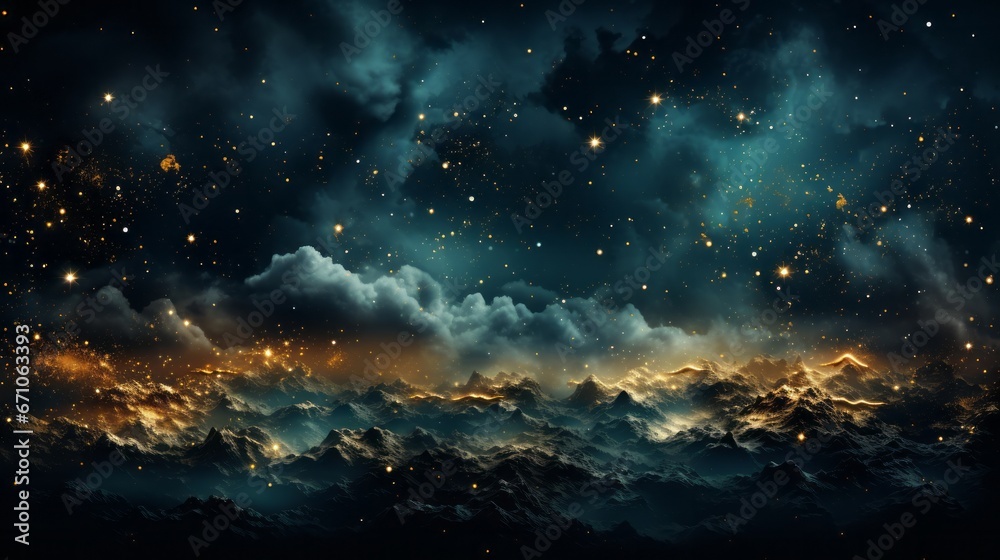 An ethereal night sky blankets a majestic mountain range, its stars and clouds dancing in the vast expanse of the universe, evoking a sense of wonder and awe in the wild and untamed landscape
