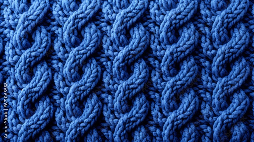 A mesmerizing, handcrafted tapestry of intertwining fibers and intricate stitches, showcasing the artistry and warmth of traditional knitting and crochet techniques on a soft, vibrant blue fabric
