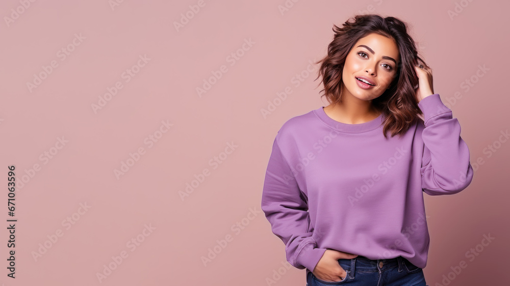 An Indian woman wearing violet sweatshirt isolated on pastel background An Indian woman wearing violet sweatshirt isolated on pastel background