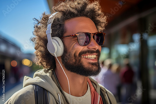 Portrait of a satisfied cheerful joyful laughing excited stylish man in headphones outdoors, traveling music
