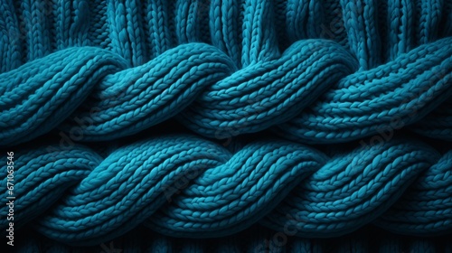 Intertwined threads of vibrant blue, intricately knotted and crocheted, creating a dynamic fabric of fibers and twine, evoking a sense of warmth and coziness