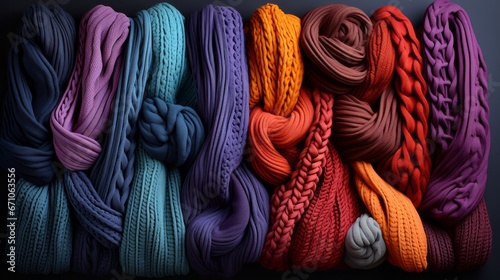 A vibrant array of hand-crafted scarves, each woven with intricate threads of fiber, displaying a tapestry of knitting and crochet techniques photo