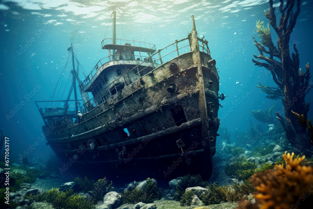 Old ancient sunken ship at the bottom of the sea Old ancient sunken ship at the bottom of the sea