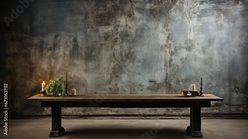 A rustic wooden bench stands against a dark wall, adorned with a table showcasing flickering candles and lush indoor plants, creating a warm and inviting atmosphere