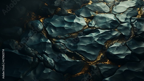 A mesmerizing abstract masterpiece of black and gold rock formations, illuminated by the reflection of natural light, capturing the essence of wild beauty and fluid emotion © Envision