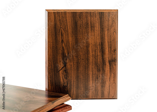 Samples of wooden award plaques isolated on white background. Wooden plaque, blank template.